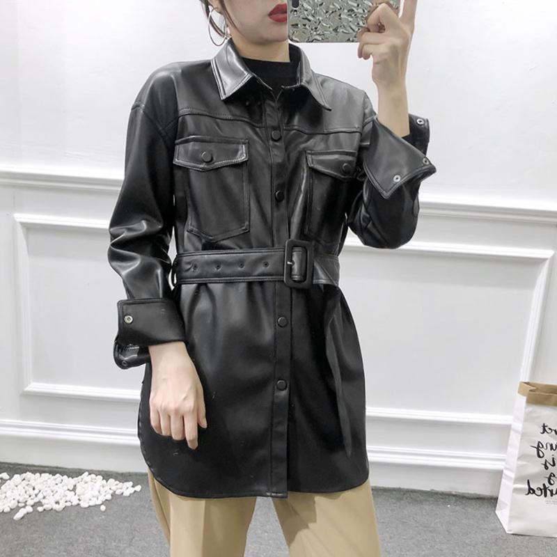 

2020 Autumn Women PU Leather Jackets With Belt Pockets Female Single-Breasted Lapel Moto Biker Jacket Trench Vintage Lady Coat, Black