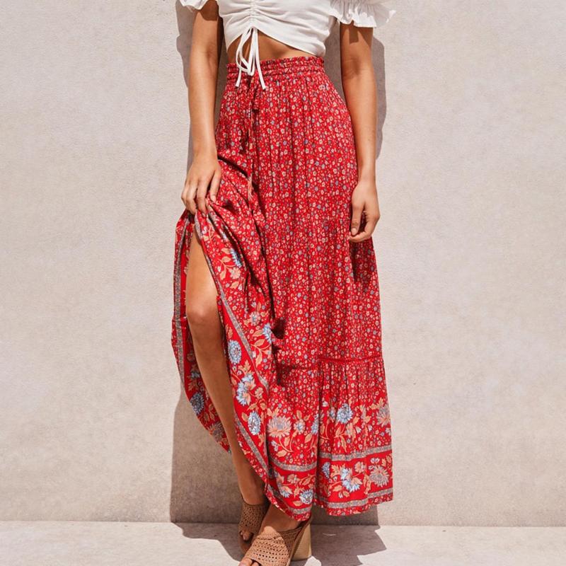 

Fashion Women Long Skirt Causal Hollow Hight Waist Print Folk-Custom Pleated Skirt Plus Size Floral Print Elegant Long Skirts, Blue