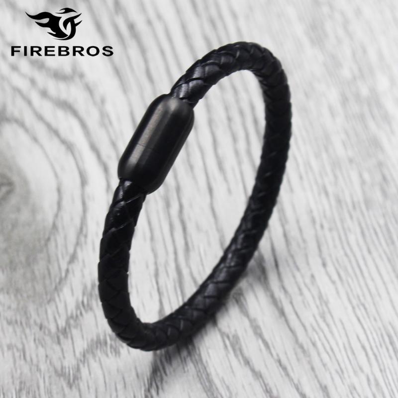 

FIREBROS Black Color Stainless Steel Magnetic Buckle Genuine Braided Leather Bracelet Men Women Minimalism Jewelry Droshipping
