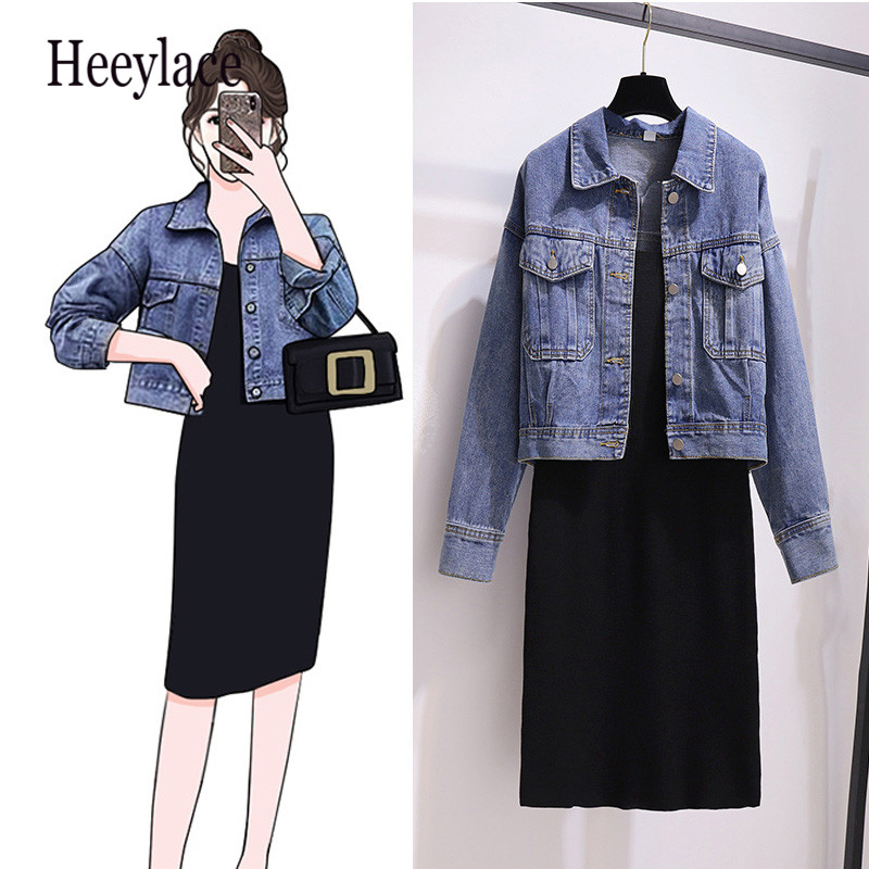 

2020 Korean Long Sleeved Denim Jeans Cardigan Top Coat and Black Sheath Mini Vest Vestidos Two Piece sets Casual Suit Dress, Vest dress
