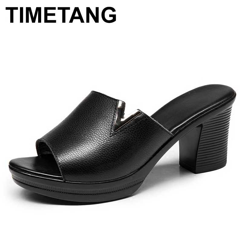 

TIMETANG New 2020 Summer Women Genuine Leather Slippers Thick Sole Thongs Shoes Women Slippers Black White Slides Sandals