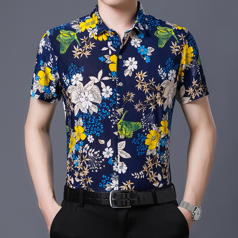 

Hawaiian Style Casual 80% Silk Shirt Men Short Sleeve Both Sides Print Chinese Nation Flower 2020 Beach Summer Clothes, 311 red