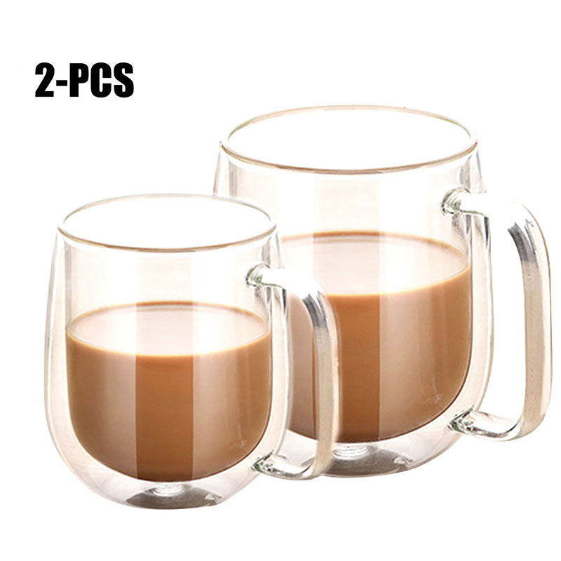 

2Pcs Double Wall Heat-resistant Couples Lovers Coffee Mugs Brief Glass Insulated Milk Cups Drink Glass Mugs For Home Family, 2 pcs