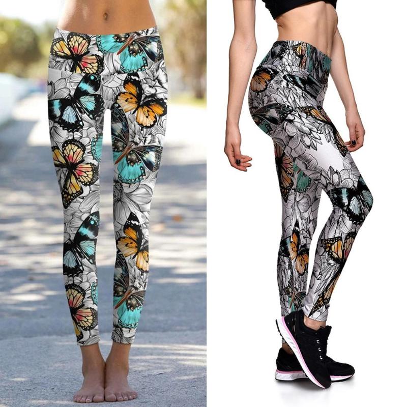 

Fashion Butterfly Floral Print Yoga Pants High Waist Stretchy Fitness Leggings Seamless Gym Sport Workout Pants For Women N4, Gray