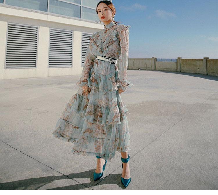 

2020 early autumn new French style elegant style cake dress princess tower skirt high waist slim lace print dress, Multi