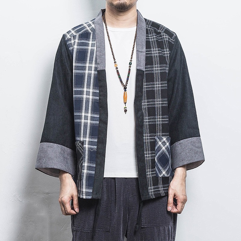 

Plaid Asian Kimono Men Cardigan Summer Harajuku Jacket Samurai Costume Coat Streetwear Japanese Style Retro Man Haori Costumes