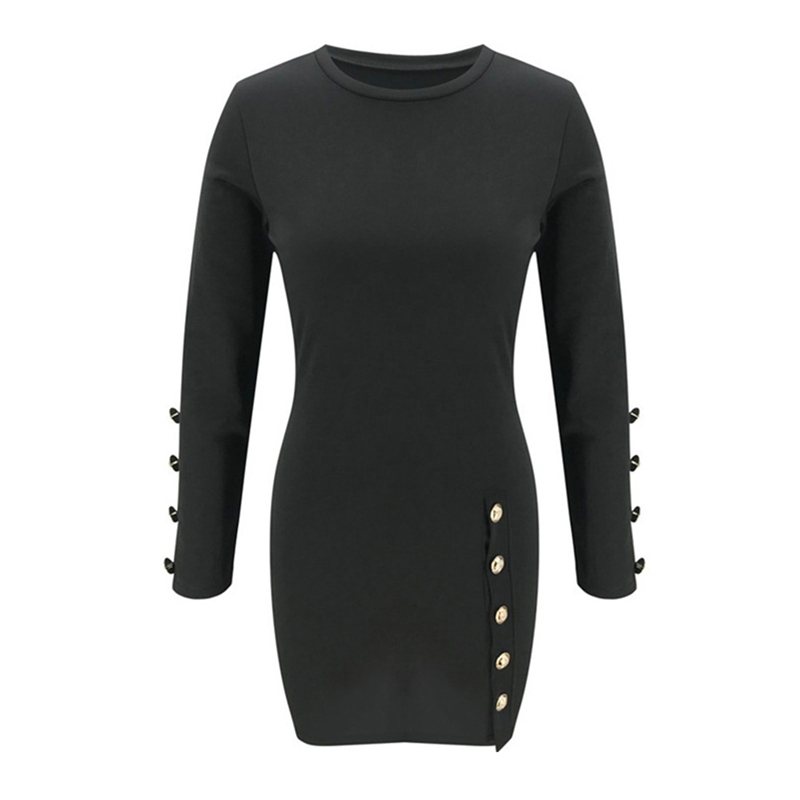 

2020 Fashion Trend Women Autumn New Long Sleeve Mini Dresses Bodycon Button Decor Casual Solid Fitting Simple New Sheath Dress, As pic