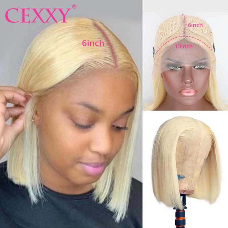 

CEXXY 613 Blonde Wig Brazilian Straight Human Hair Bob Wigs 8 - 16 Inch Remy T Part Lace Short Bob Lace Front Wigs for Women, As pic