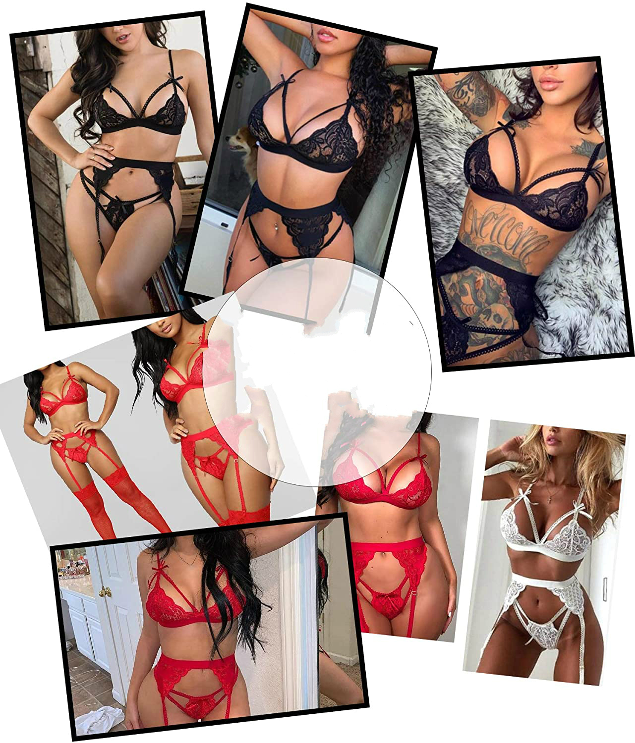 

Women Lingerie Set Lace Teddy Strap Babydoll Bodysuit with Garter Belts, Black