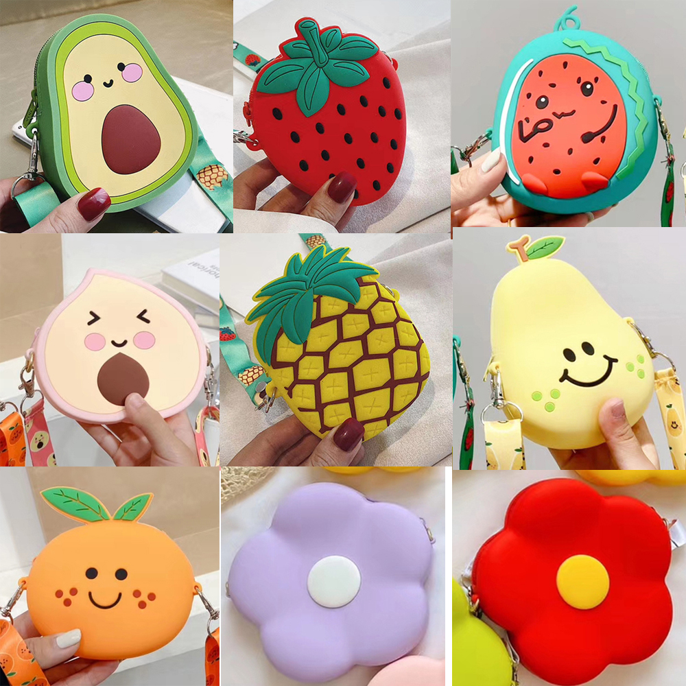 

12cm Fire dragon fruit watermelon pear orange peach cute cartoon Women Girls silicone shoulder bags key Wallet bag Coin childrens Purse, Mix model