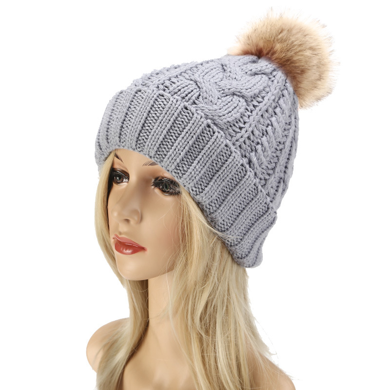 

Fur Ball Pompom Winter Hats Women Knitted Thicken Warm Winter Hat Cap Lady Warm Cap Solid Solid Female Fashion Bonnet Femme, White