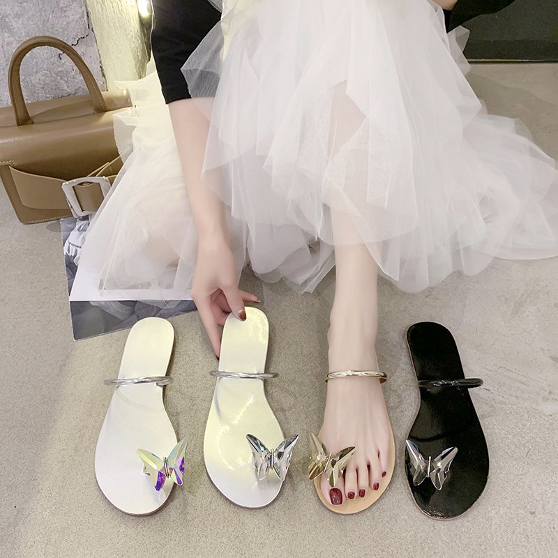 

Butterfly Crystal Slippers Shiny Flip Flop Summer Shoes Height Increasing Flat Sandals Fashion Design Women Shoes, Black