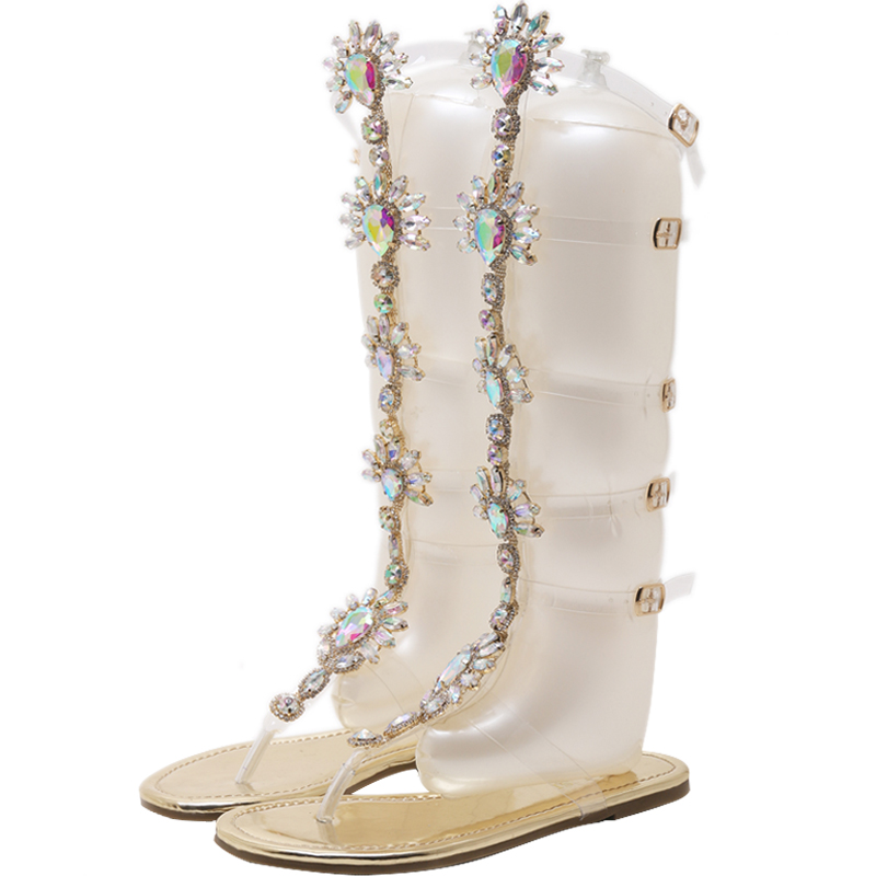 

Rhinestone sandals female 2020 summer new bohemian flat with toe high tube sandals large size flat bottom Roman women's shoes, Gold