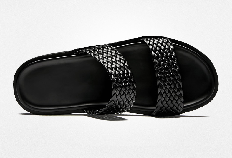 

Men Summer Fashion Genuine Leather Outdoor Rome Beach Trend Slippers Men Soft Bottom Black Weaving Flat flip-flop Free Shipping, As pic