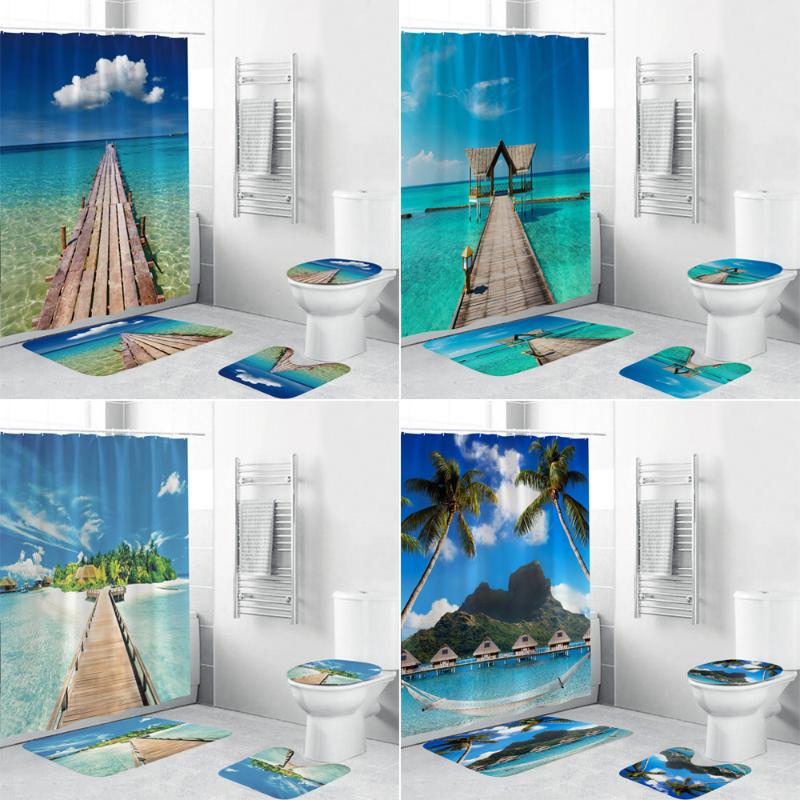 

Sunny Coast Beach Island Shower Curtain Ocean Patio House Bathroom Curtains Anti-skid Rugs Toilet Lid Cover Bath Mat Set