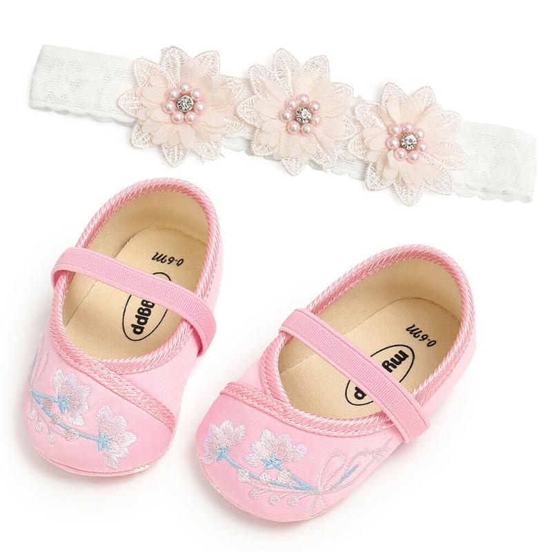 

2pcs Newborn Baby Girl Soft Crib Shoes Infants Anti-slip Sneaker Prewalker + Headband Pink White