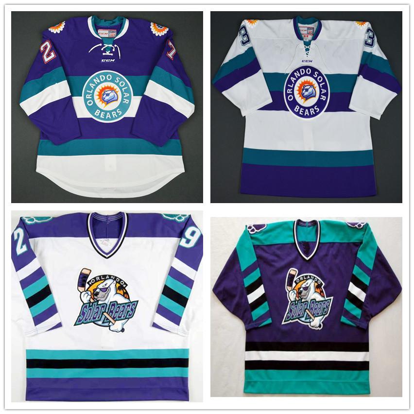 

Cusotm Vintage ECHL Orlando Solar Bears 27 Eric Faille 29 David Bell 3 Carl Nielsen Hockey Jersey Stitched embroidered Any Name Your Number, 29 white