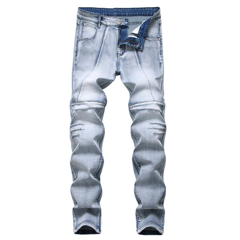 

Men Stretchy Ripped Skinny Biker Embroidery Print Jeans Destroyed Hole Taped Slim Fit Denim Scratched High Quality Jean, Blue