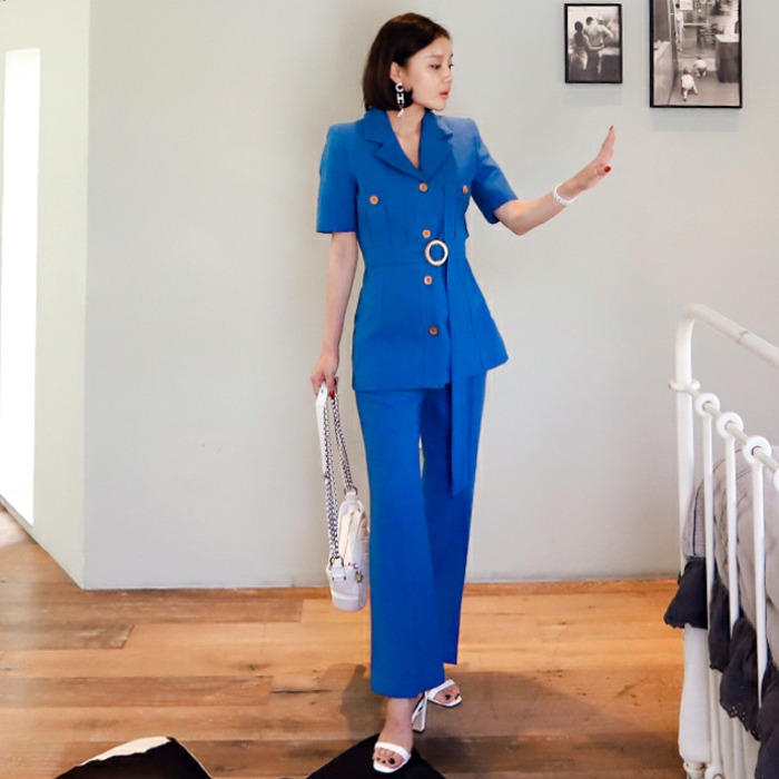 

2020 summer new Korean women' temperament lapel fashion belt short-sleeved elegant suit jacket + suit pants two-piece, Blue
