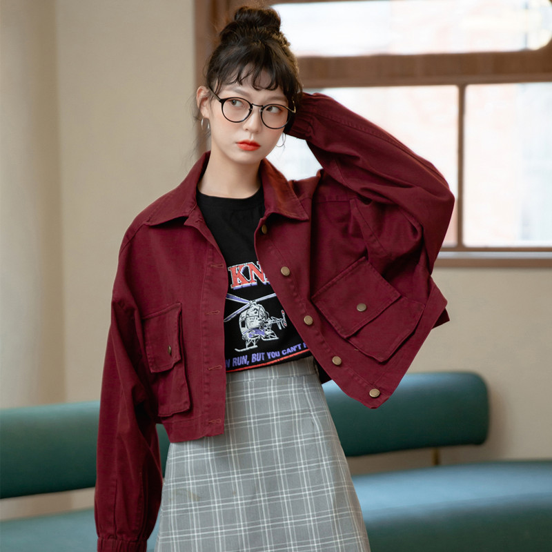 

Women Cropped Jacket Autumn Burgundy Long Sleeve Jeans Jacket Casual Short Denim Harajuku Women Coats Streetwear Outwear