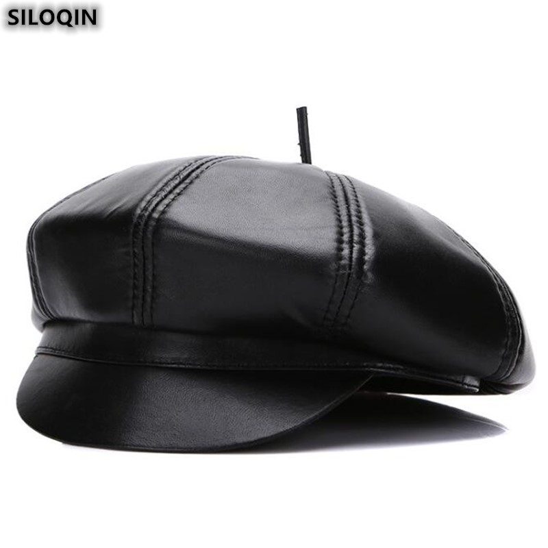 

SILOQIN Women's Cap Autumn Winter New Fashion Sheepskin Octagonal Hats Elegant Brands Genuine Leather Hat Trend Berets Snapback, Black 1