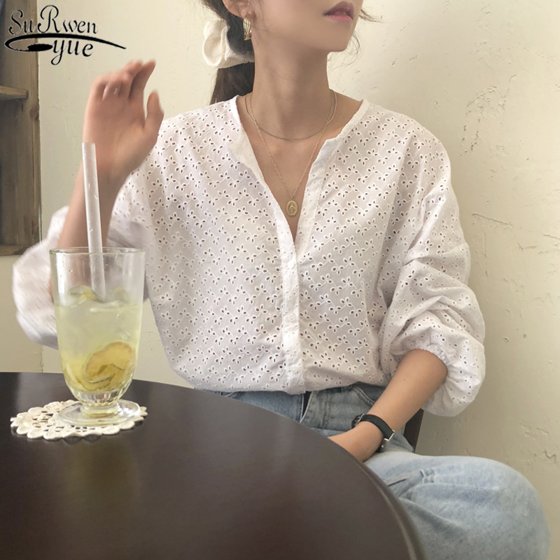 

White Tops Single Breasted Blouse Women Boho Top Korean Style Long Sleeve O-Neck Shirts Hollow Out Crochet Beach Summer 10909