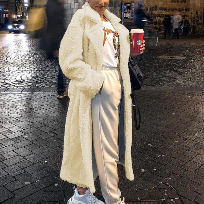 

Solid Women Faux Fur Coat Jacket Winter Autumn Turn-Down Collar Plush Teddy Bear Fluffy Coat Streetwear X-Long Warm Fur Overcoat, Beige