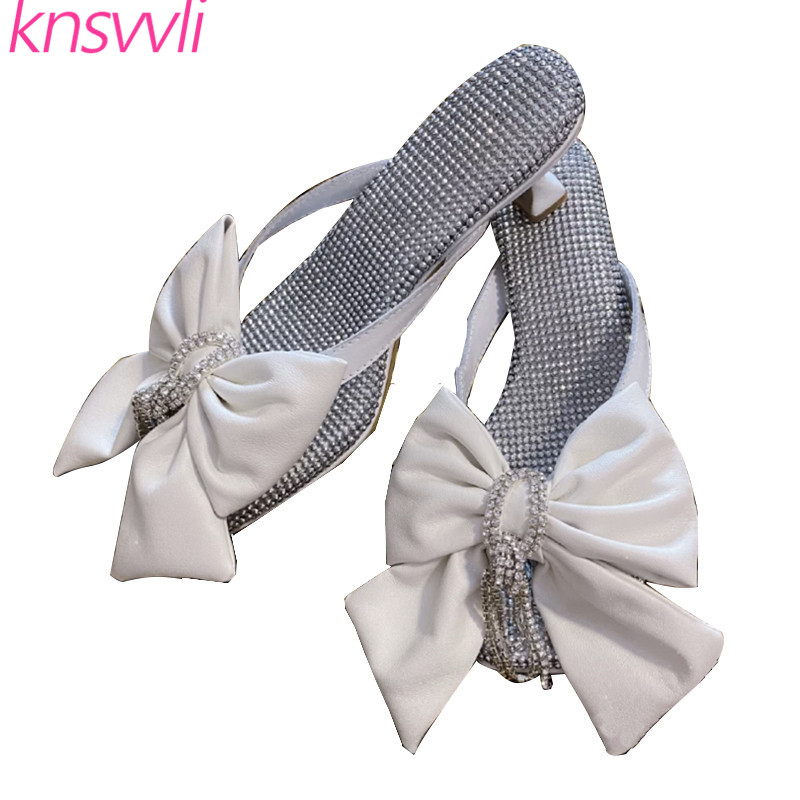 

Rhinestone Pendants Big Bow Slippers Woman Metal String Bead Insole Mules Ladies Shoes Crystal Fringing High Heels Women Sandals, Black