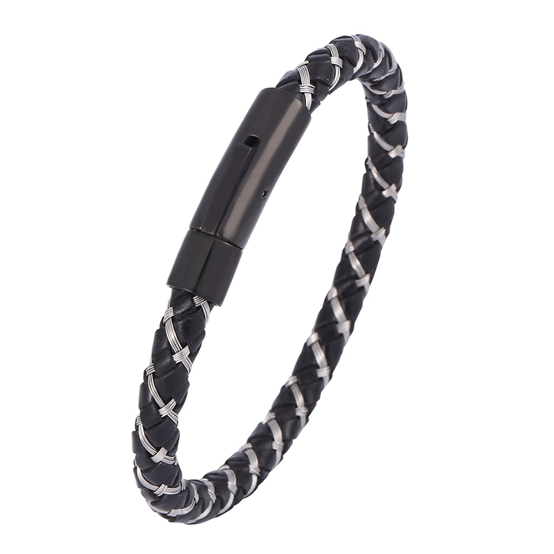 

Punk Leather Bracelet Men Jewelry Trendy Stainless Steel Exquisite Snaps Wire Braided Hand Rope Male Bracelets Bangles SP0591