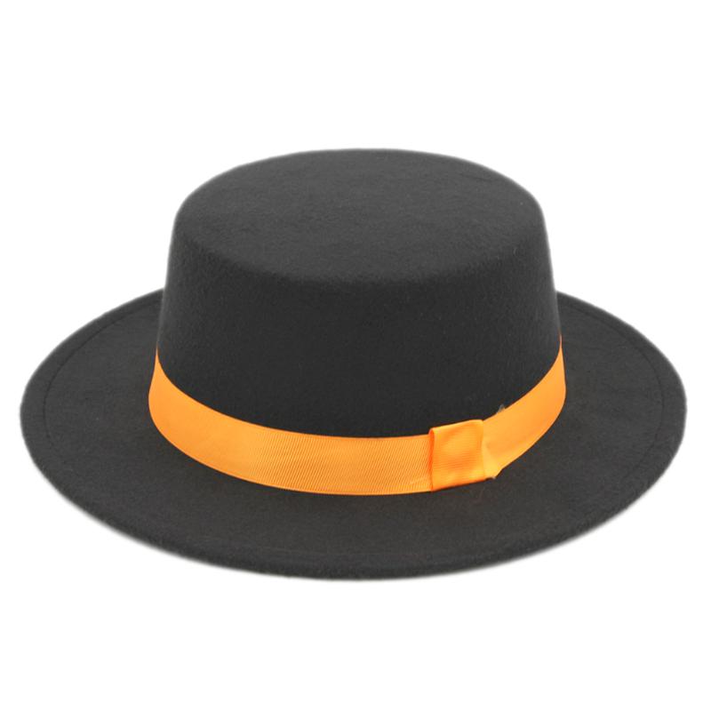 

Mistdawn Fashion Boater Sailor Hat Fedora Bowler Top Hat Pork Pie Cap Wool Blend Flat Stiff Brim Orange Ribbon Band, Black