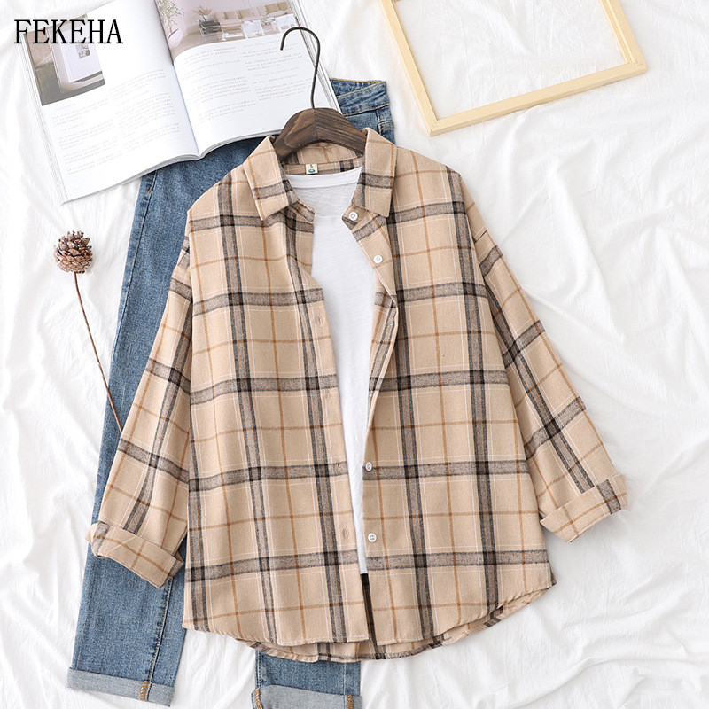 

Plaid Shirts Womens Autumn Blouses Long Sleeve Lady Checked Tops Loose Female Outwear Casual Clothes, Khaki