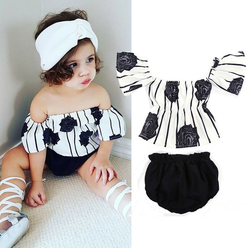 

Newborn Toddler Baby Girl Clothes Set Off Shoulder Striped Tops Blouse Floral Pants Shorts Summer Outfits 0-24M, As pic