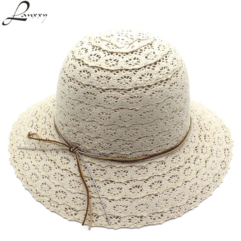 

Lanxxy 2020 New Hollow Out Lace Sun Hat Outdoor Foldable Beach Summer Hats for Women Floppy Chapeau Ladies Panama Female Caps, Beige