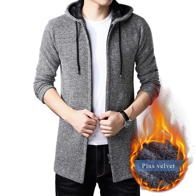 

2020 New Winter Men's Mid-length Knit Sweater Plus Velvet Thick Hooded Cardigan Sweater Coat Large Size, Red