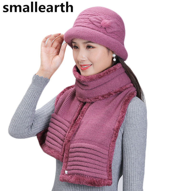 

Women 2 Pieces Set New Winter Fur Hat And Scarf For Girl Knitted Thick Caps Female Winter Casual Warm Plus Velvet Hat Set