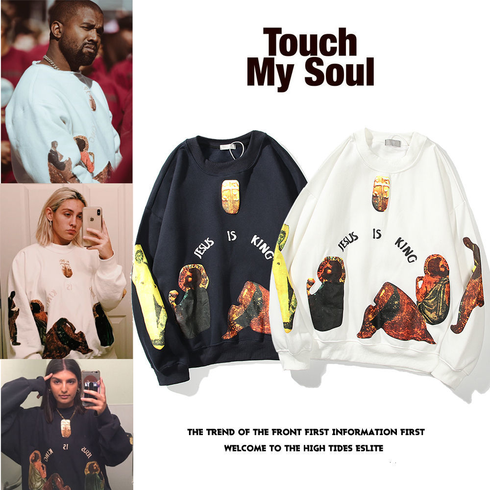 

Retro Sweater Men's Women's Street Fashion Arcade Pullover [JESUS IS KING] Letter Print Coat New Essential Clothing For Autumn Winter Designer Hoodless Sweater, Black
