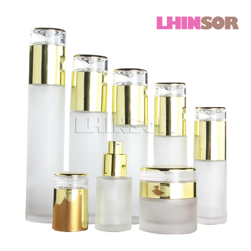 

5pcs/lot Golden Cap Frosted Glass Spray Lotion Toner Bottles Press Pump Cream Jars High-grade Cosmetic Packaging Container