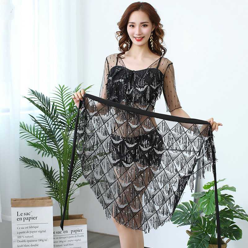 

Bellydance Costume Belly Dance Dress Dance Costume Fish Scale Fringed Sequined Hip Scarf Sexy Irregular Set Dress, Black