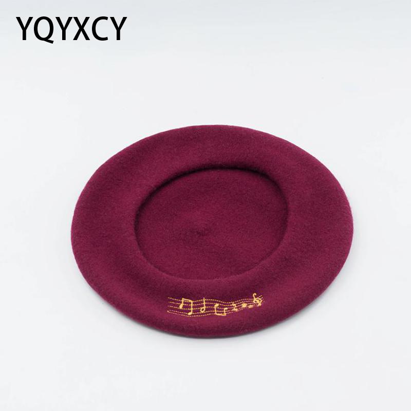

Berets Boina Feminina Pure Wool Beret Women Winter Hat Musical Note Embroidery Flat Cap Warm Gorras Planas England Vintage, White