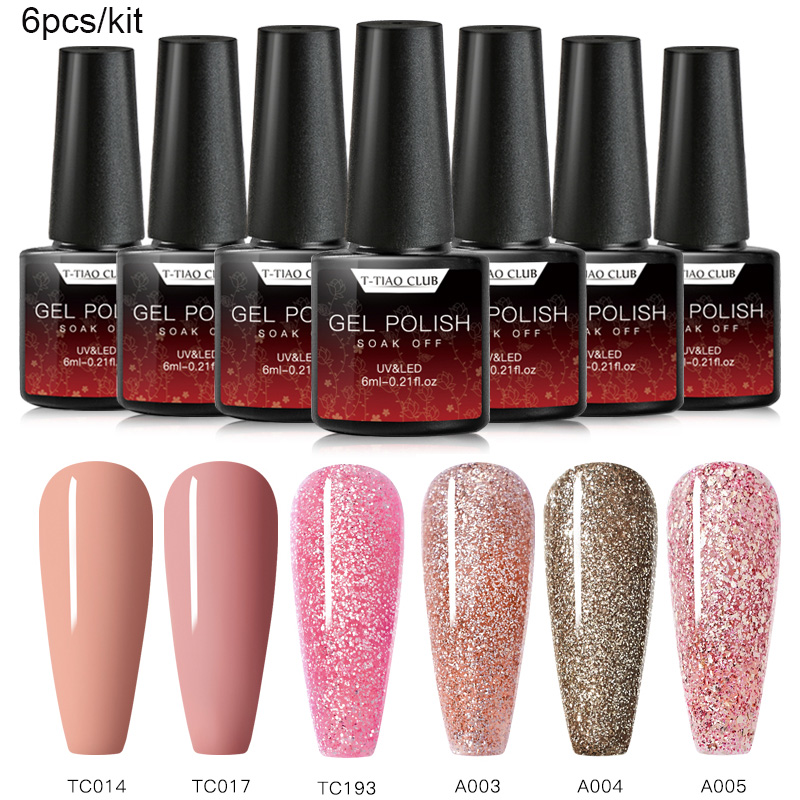 

T-TIAO CLUB 6pcs/set Glitter Nude UV Gel Nail Polish Set Pink Color Series Led Nail Gel Varnish Rose, S04071s04072