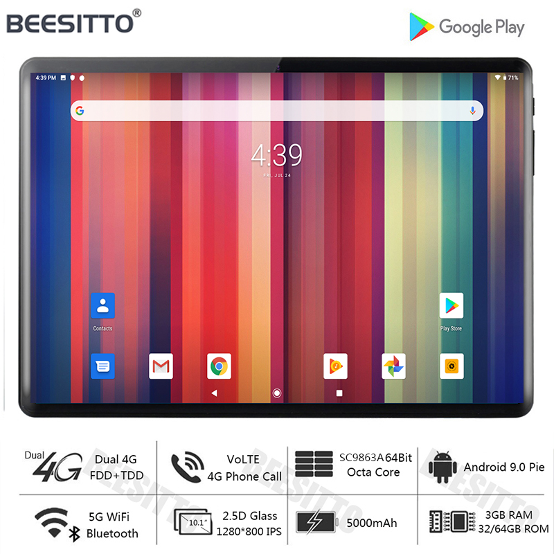 

Global Version 10 inch tablet 3GB RAM+32GB Memory 4G LTE Type-C Tablet Dual SIM Card Wifi Android 9.0 10.1+ 64GB TF Card, Black