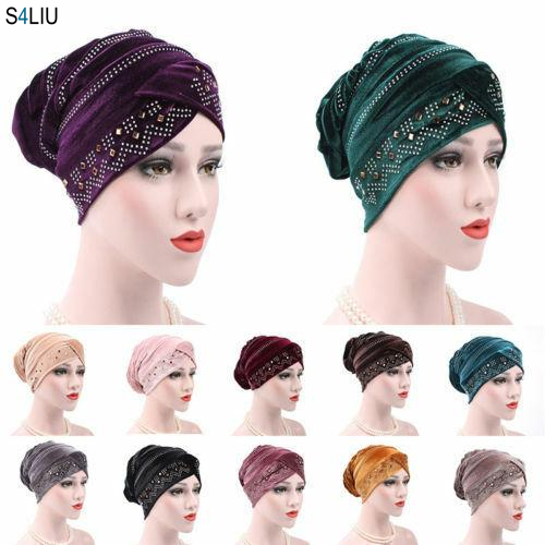 

Women Elastic Velvet Drill Hot Head Wrap Hat Headwrap Fashion Strips Turban Cap Accessories Beanies Skullies Hair Loss Headscarf, Black