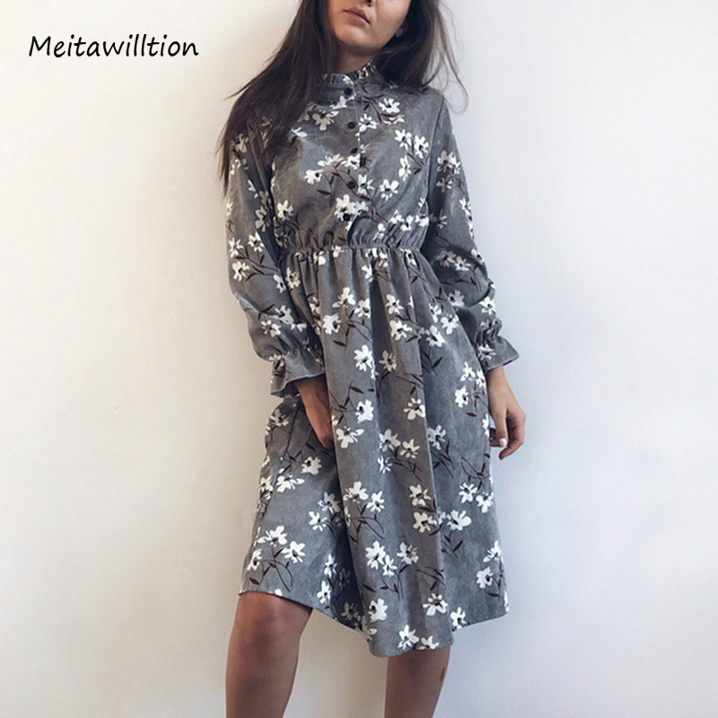 

2020 Autumn Winter Women Corduroy Dresses Casual Long Sleeve High Elastic Waist Flower Print Party Dress Female Dress Vestidos, Cr7136-1