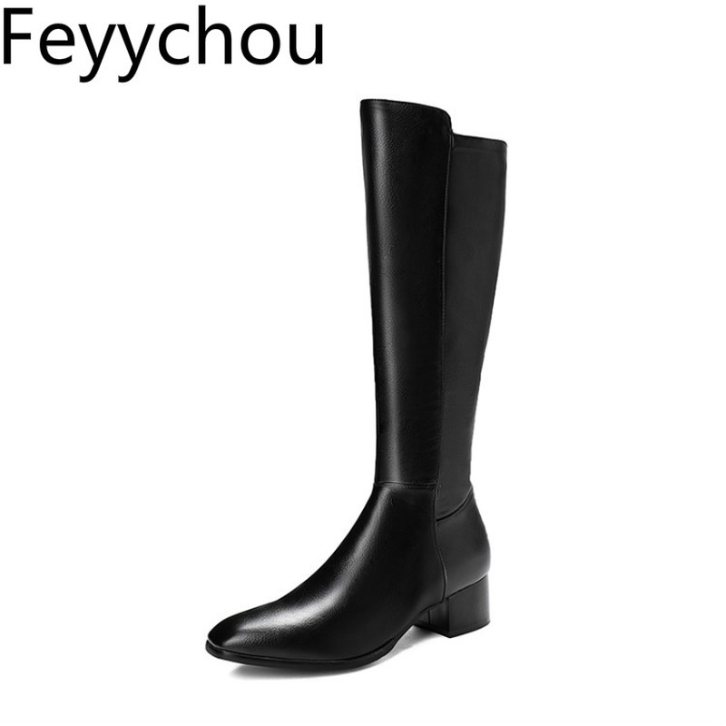 

Women's Boots Autumn Winter Warm Med Heel Zip Knee High Square Toe Motorcycle Shoes Thick Heel 2020 New Sexy Fashion White Black