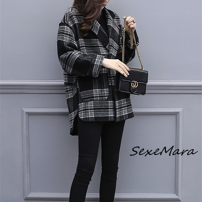 

Korean Style Fashion Pockets Plaid Women Coats 2020 Winter Single Button Cashmere Wool Coats, As pic