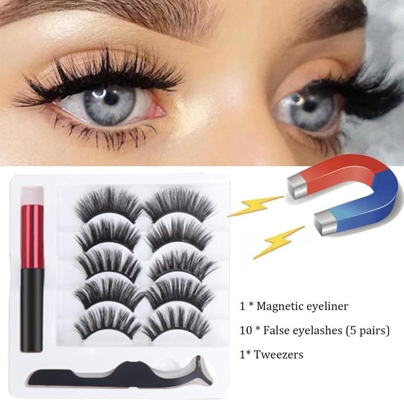 

5 Pair Magnetic False Eyelashes Set With Magnetic Liquid Eyeliner Tweezers Mixed Long Lasting Quick-drying Eye Makeup Tools