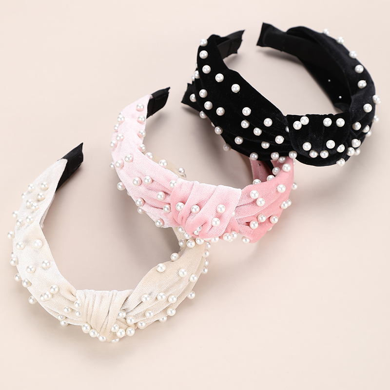 

3PCS Flannelette pearl hair hoop Girth37cm Headband Top Knot Elastic Hair Bands Soft Solid Color Girls Accessories Twisted Knotted Headwrap