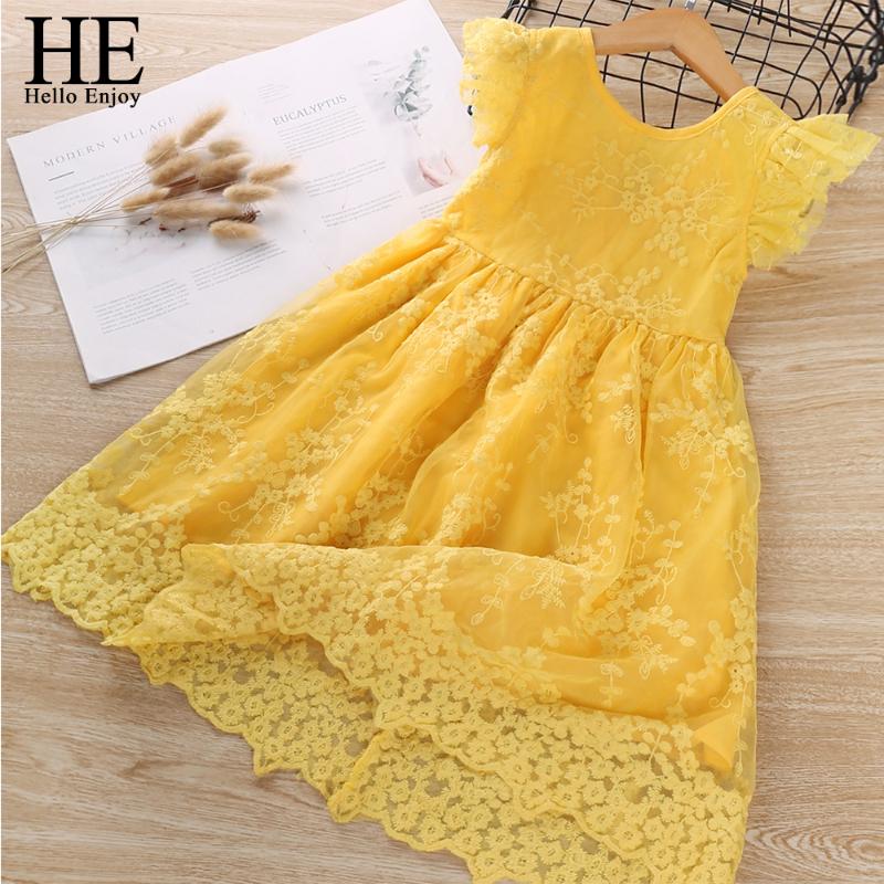 

HE Hello Enjoy Baby Girls Dresses Kids Clothes Summer Ruffle Sleeve Flower Princess Dress Children Clothing Casual Dress Vestido, L9067 photo color