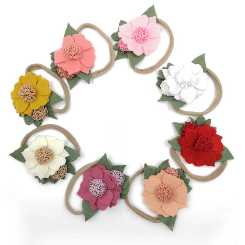 

24pcs/lot Newborn Felt Flower Nylon Headband With Green Leaf Nylon Headband Children Kids Lace rose Flower Headbands Headwear, Can choose any color