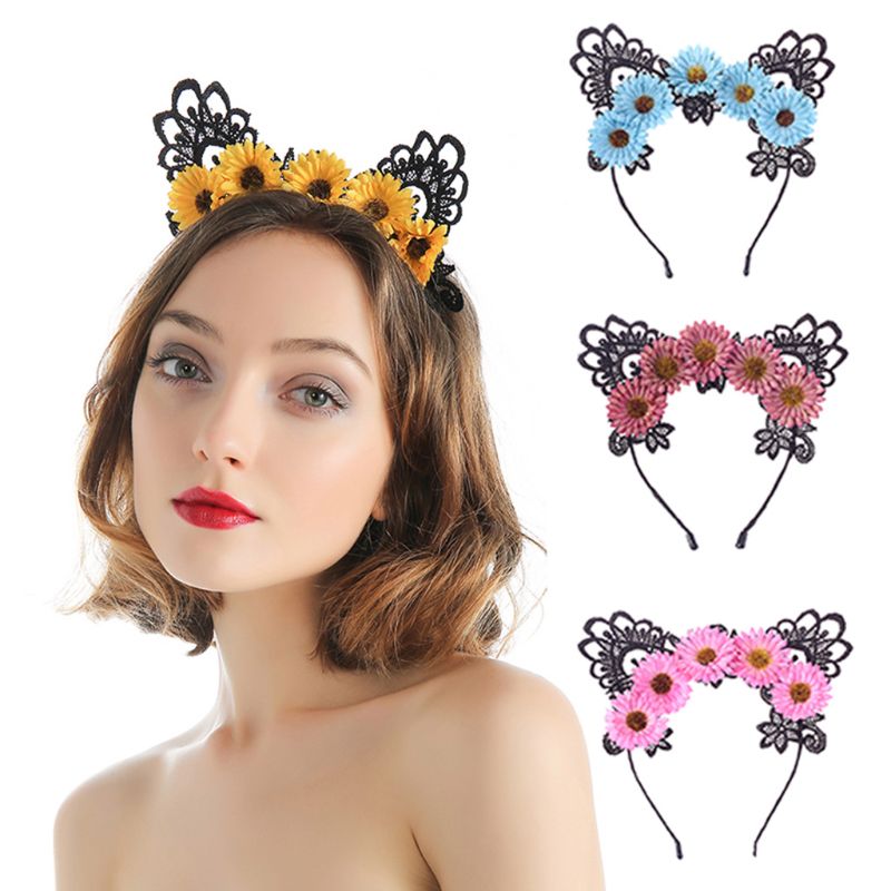 

Daisy Sunflower Headband Wreath Sexy Hollow Lace Cat Ears Halloween Hair Hoop X7YA